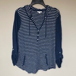 J. Jill Navy and White Linen Blend V-Neck Hoodie Top